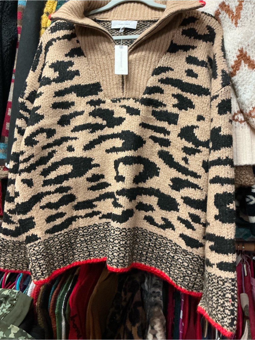 Anthropologie Tan and Black Animal-Print Cowl Half-Zip Sweater